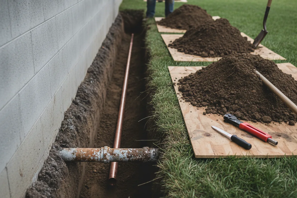 Excavated water line trench during Sewer Line Repair in Carterville